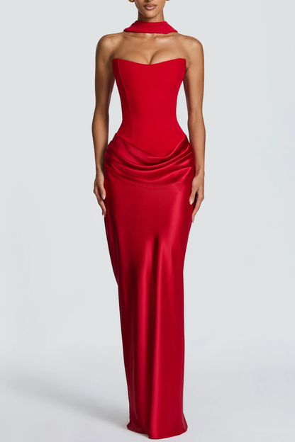 AIsolda  Strapless Corset Scarf Satin Maxi Dress - Red