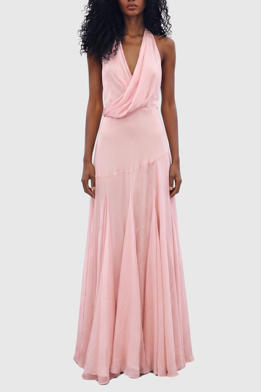 Aadhya Halter Draped Maxi Dress - Pink