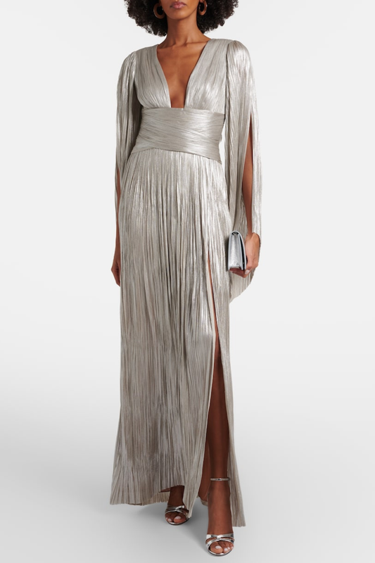 Aafke Metallic Ruched Split Maxi Dress
