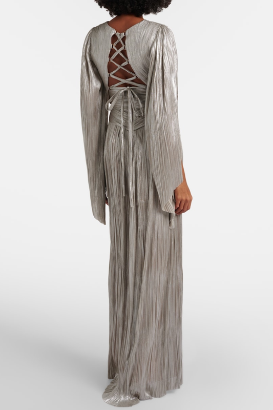 Aafke Metallic Ruched Split Maxi Dress