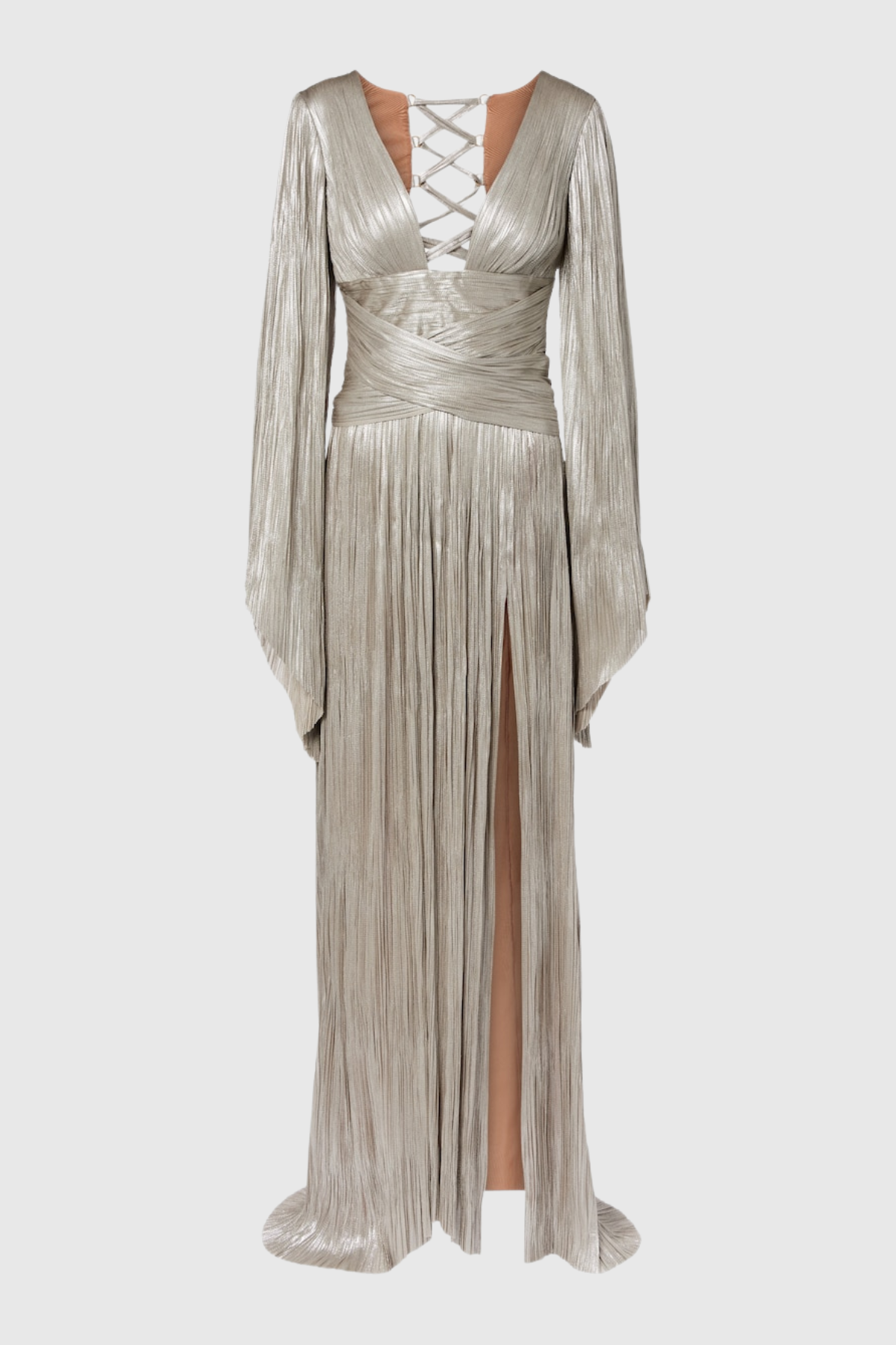Aafke Metallic Ruched Split Maxi Dress