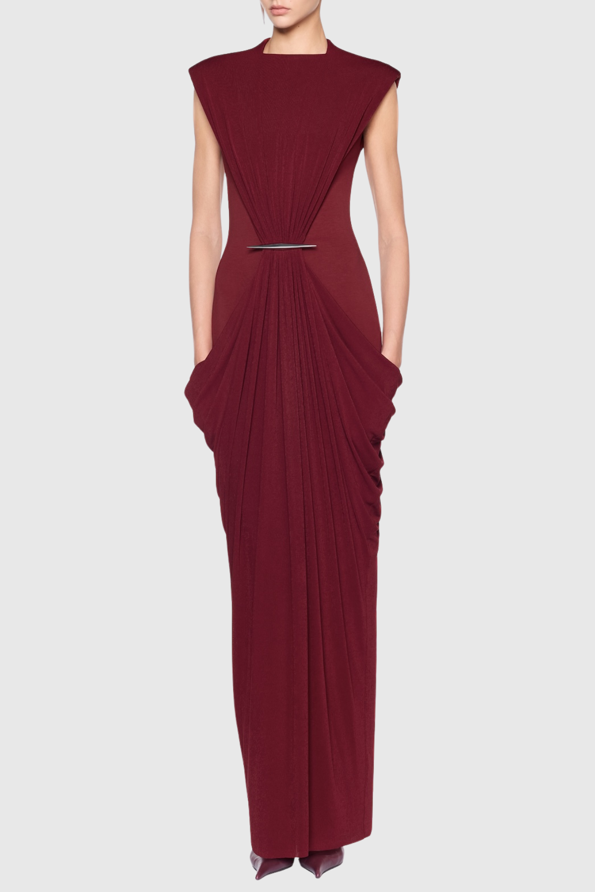 Aamua Sleeveless Ruched Metal Maxi Dress - Wine