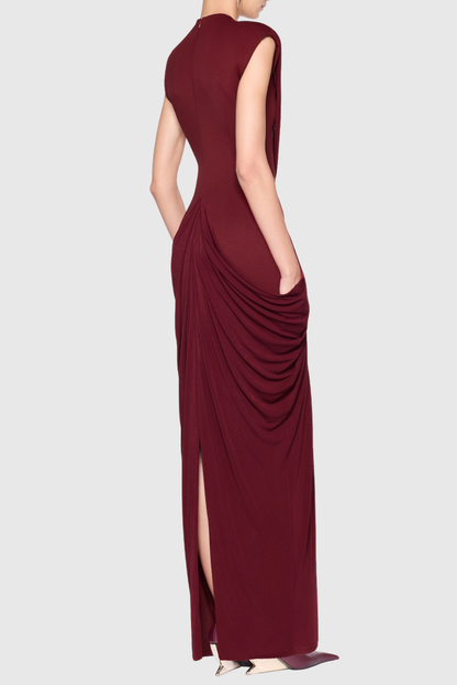 Aamua Sleeveless Ruched Metal Maxi Dress - Wine
