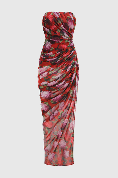 Aanav Strapless Floral Ruched Maxi Dress