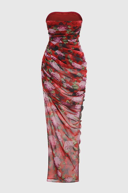 Aanav Strapless Floral Ruched Maxi Dress
