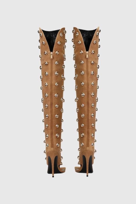 Abner Solid Rivet Knee High Stiletto Boots - Brown