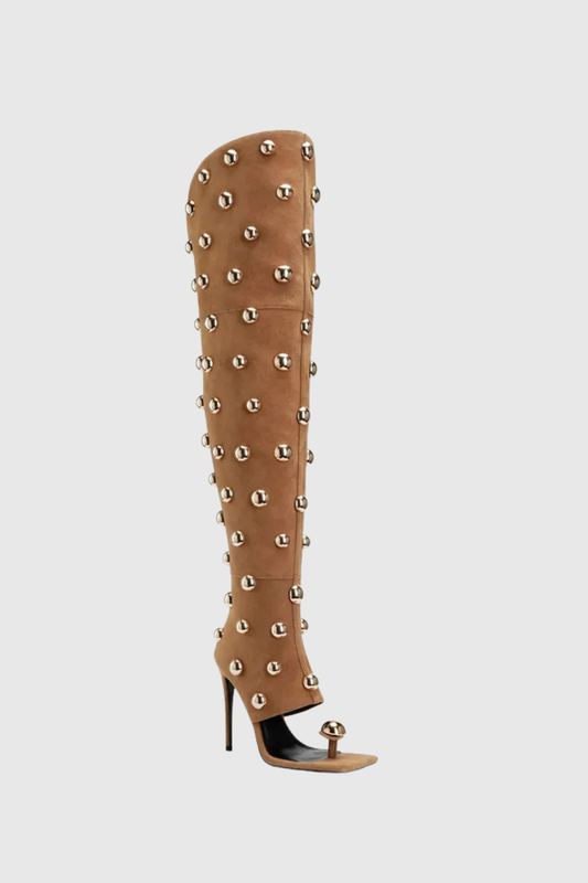 Abner Solid Rivet Knee High Stiletto Boots - Brown
