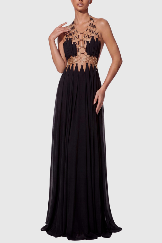 Achilles Circle Cutout Halter Maxi Dress - Black