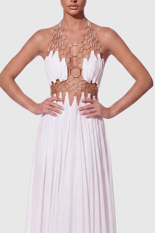 Achilles Circle Cutout Halter Maxi Dress - White