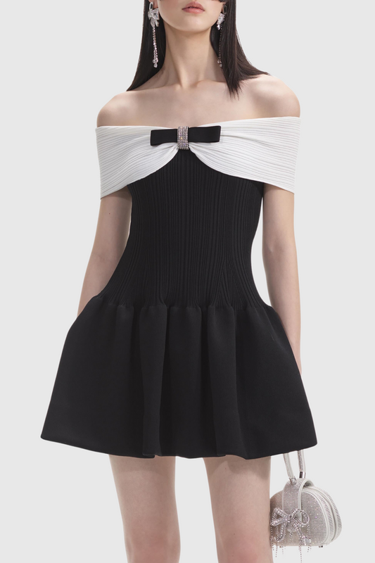 Adagio Bow Off Shoulder Knit Mini Dress