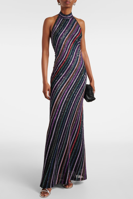 Adaha Halter Sequin Knit Maxi Dress - Blue
