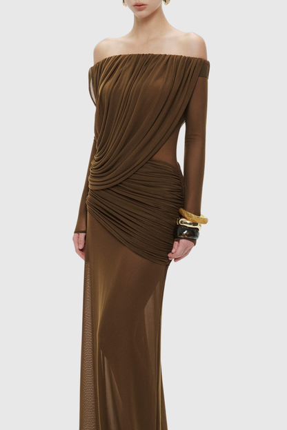 Adair Off Shoulder Draped Mesh Maxi Dress - Brown