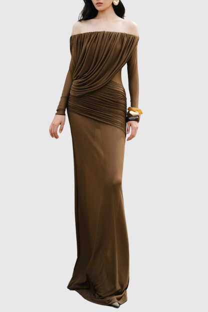 Adair Off Shoulder Draped Mesh Maxi Dress - Brown