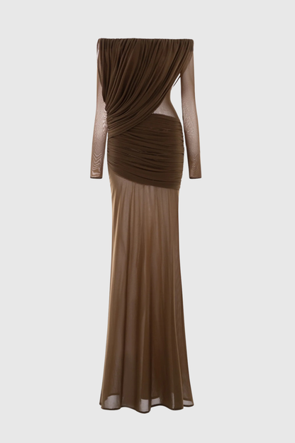 Adair Off Shoulder Draped Mesh Maxi Dress - Brown