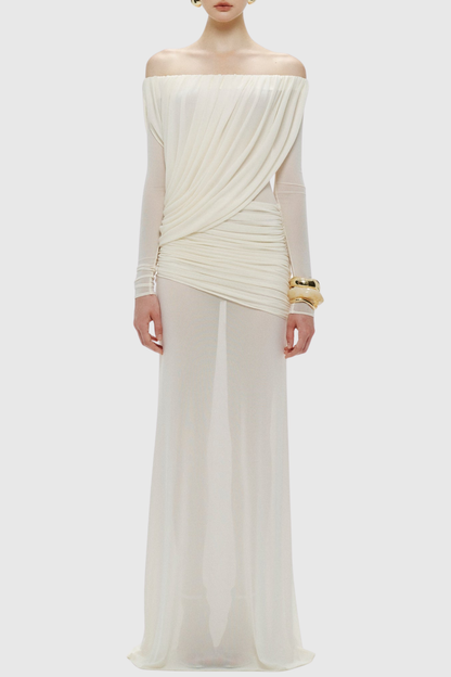 Adair Off Shoulder Draped Mesh Maxi Dress - White