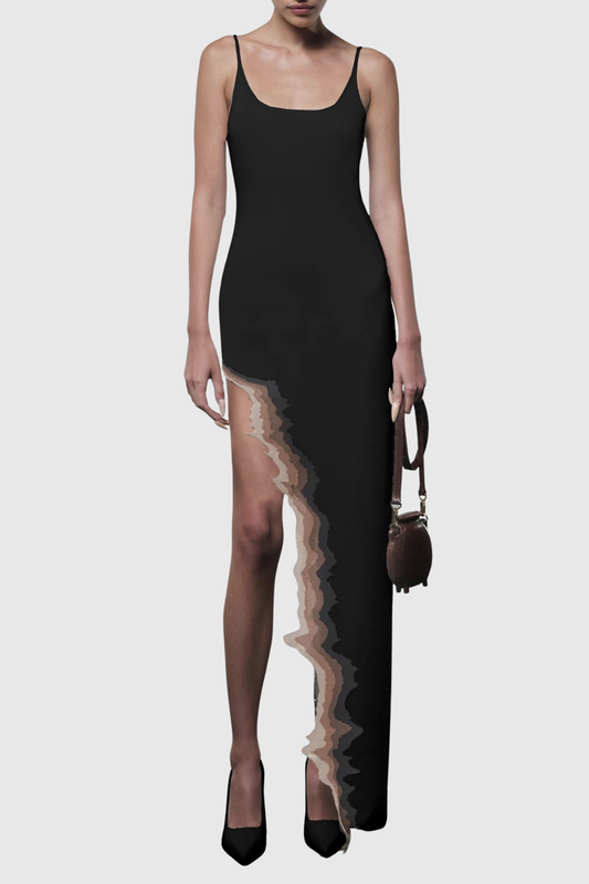 Adalia Asymmetric Wave Maxi Dress - Black