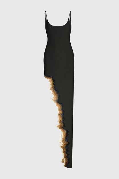 Adalia Asymmetric Wave Maxi Dress - Black