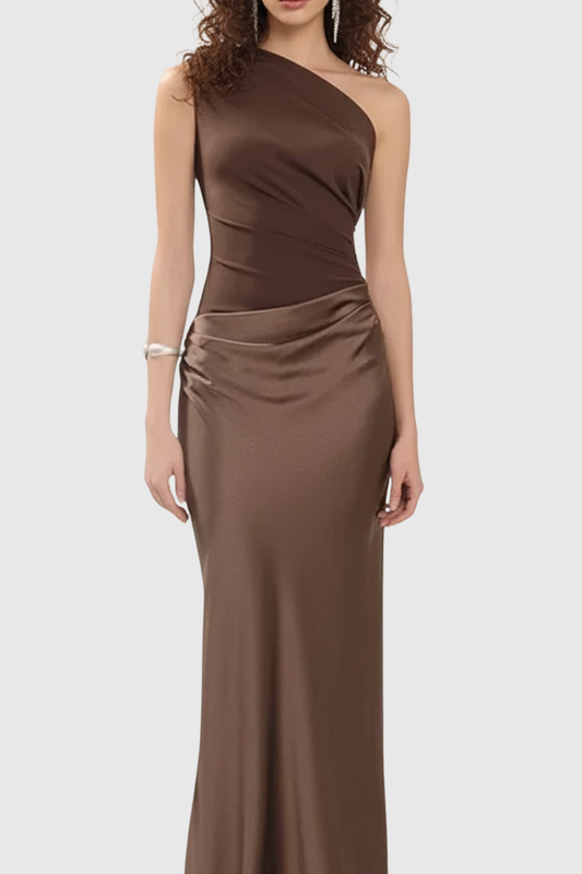Adelpa One Shoulder Satin Maxi Dress - Brown