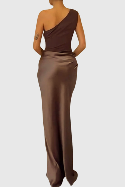 Adelpa One Shoulder Satin Maxi Dress - Brown