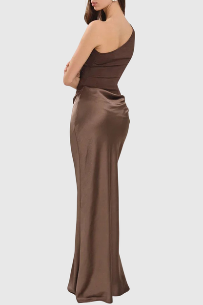 Adelpa One Shoulder Satin Maxi Dress - Brown
