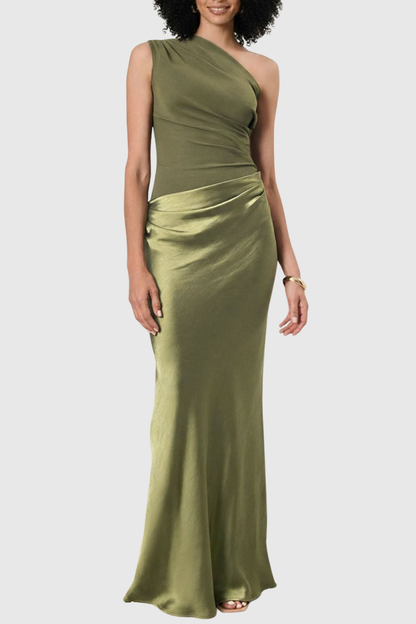 Adelpa One Shoulder Satin Maxi Dress - Green