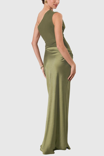 Adelpa One Shoulder Satin Maxi Dress - Green