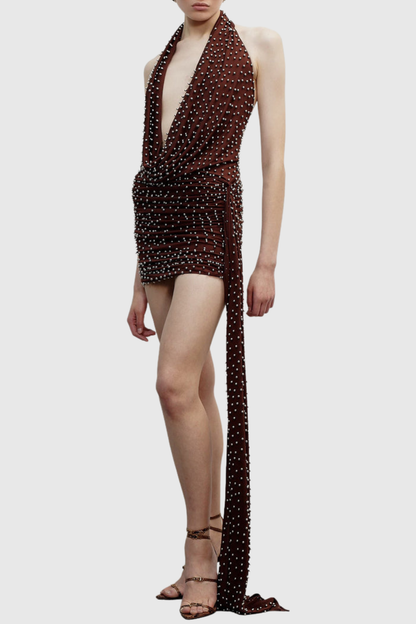 Adlai Stud Embellished Halter Mini Dress - Wine
