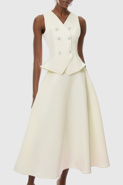 Adrien Crystal Embellished Vest & Midi Skirt Set - Beige
