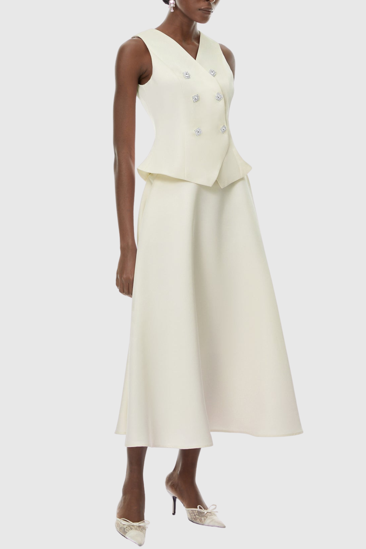 Adrien Crystal Embellished Vest & Midi Skirt Set - Beige