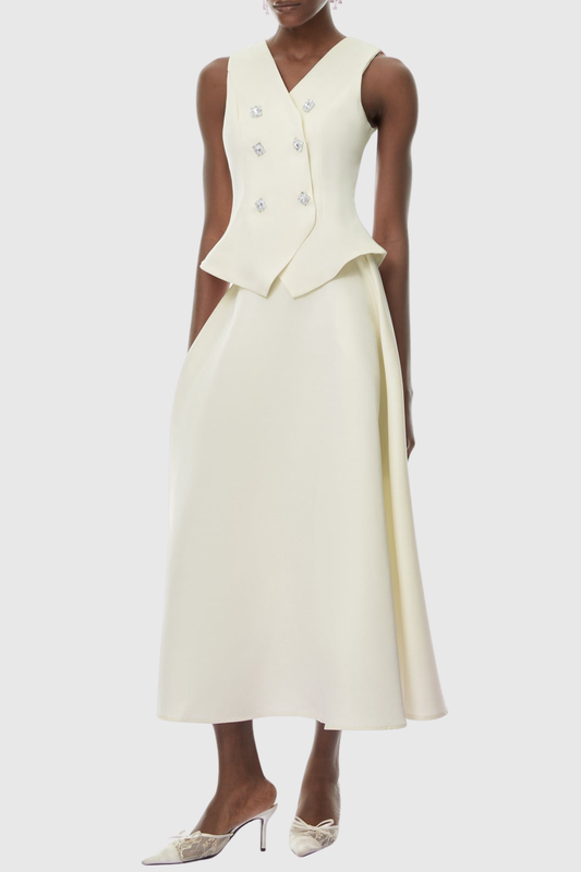 Adrien Crystal Embellished Vest & Midi Skirt Set - Beige