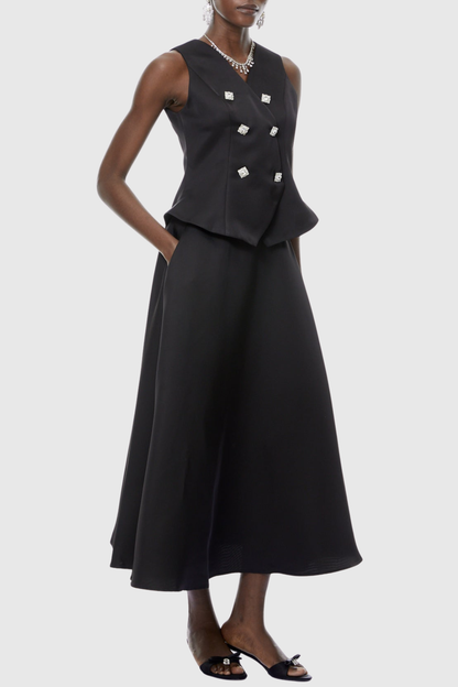 Adrien Crystal Embellished Vest & Midi Skirt Set - Black