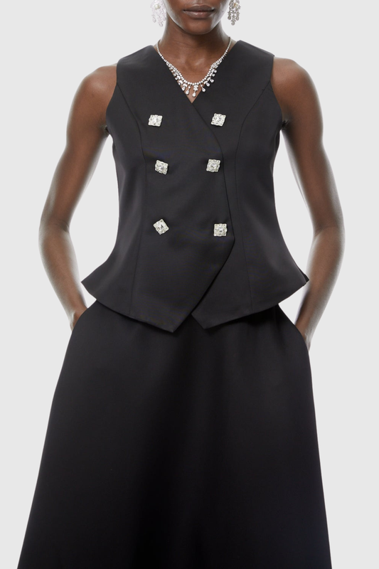 Adrien Crystal Embellished Vest & Midi Skirt Set - Black