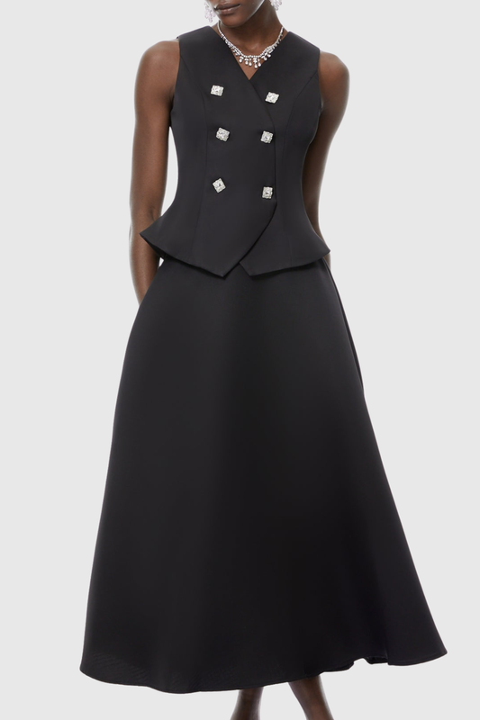 Adrien Crystal Embellished Vest & Midi Skirt Set - Black