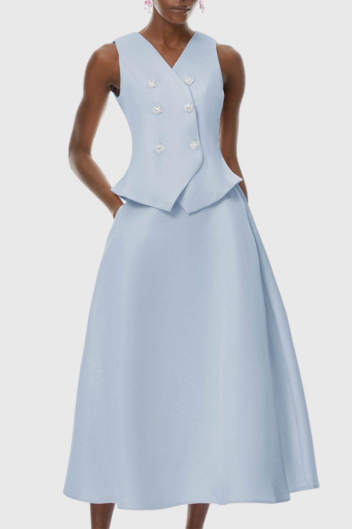 Adrien Crystal Embellished Vest & Midi Skirt Set - Blue