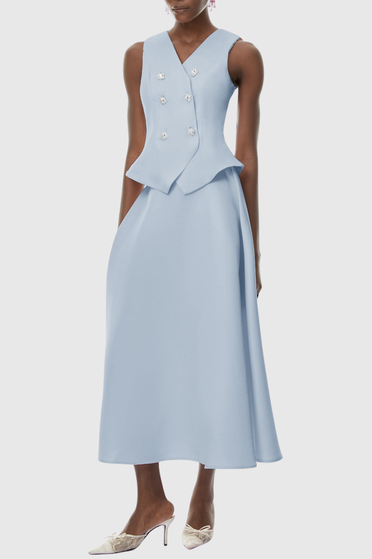 Adrien Crystal Embellished Vest & Midi Skirt Set - Blue