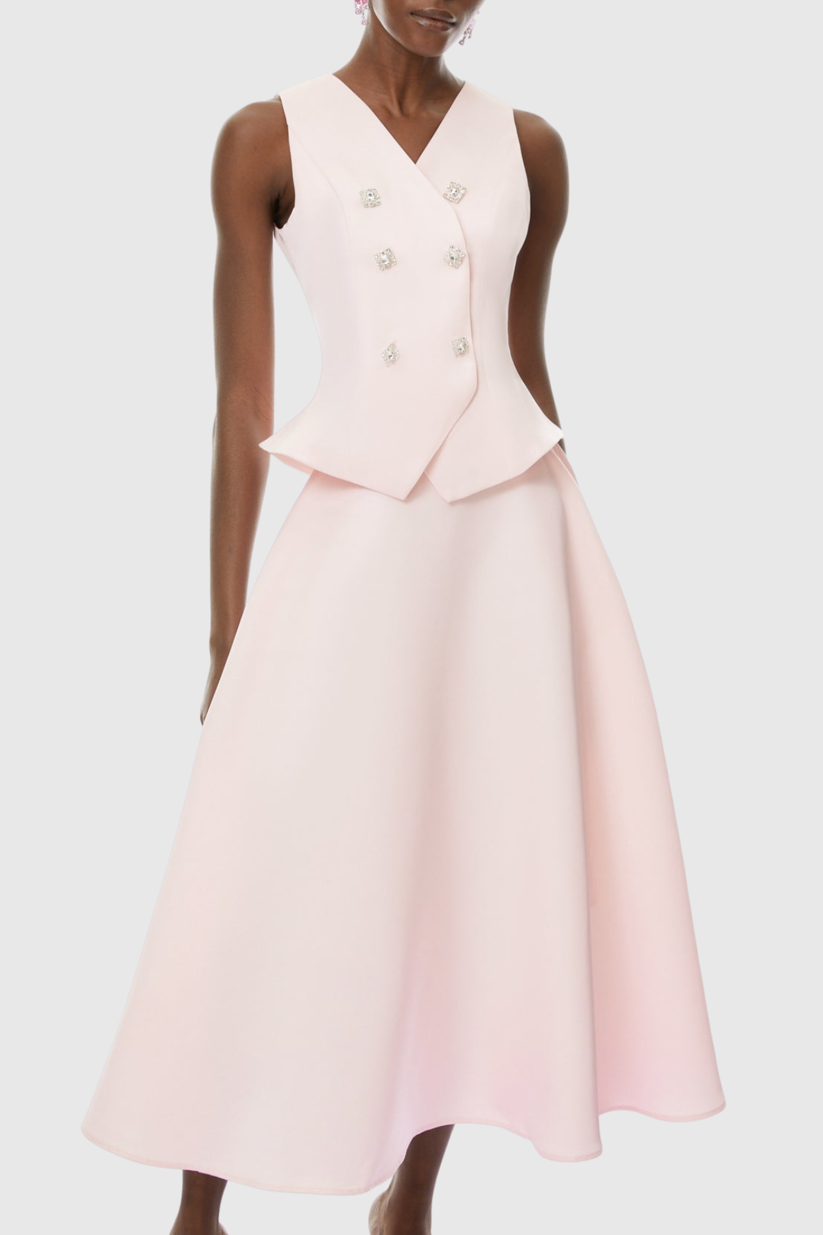 Adrien Crystal Embellished Vest & Midi Skirt Set - Pink