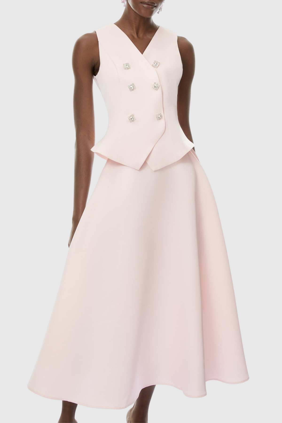 Adrien Crystal Embellished Vest & Midi Skirt Set - Pink