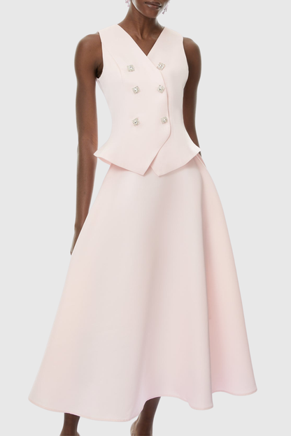 Adrien Crystal Embellished Vest & Midi Skirt Set - Pink