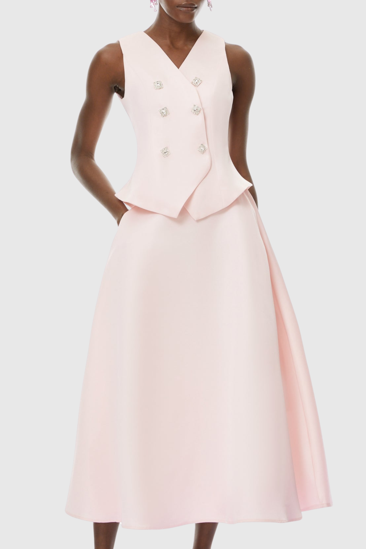 Adrien Crystal Embellished Vest & Midi Skirt Set - Pink