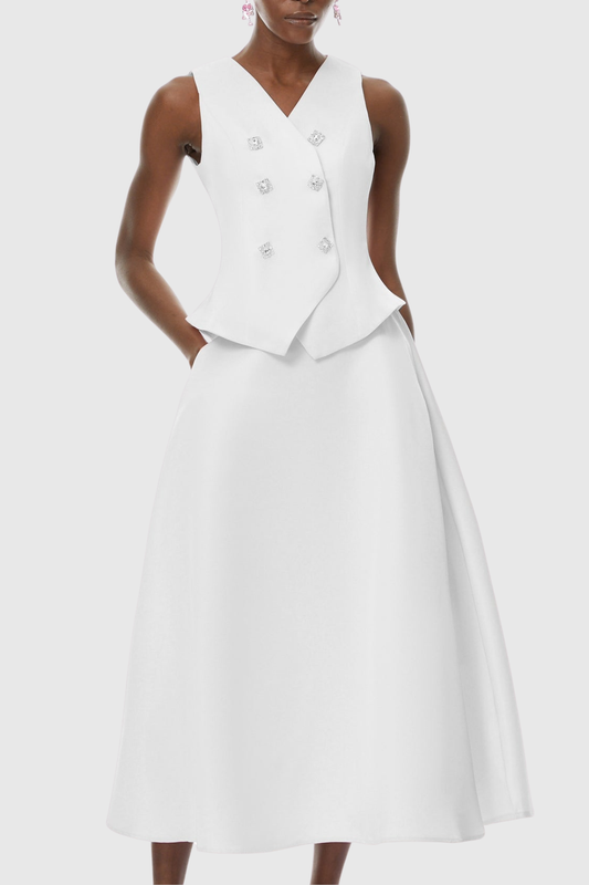 Adrien Crystal Embellished Vest & Midi Skirt Set - White
