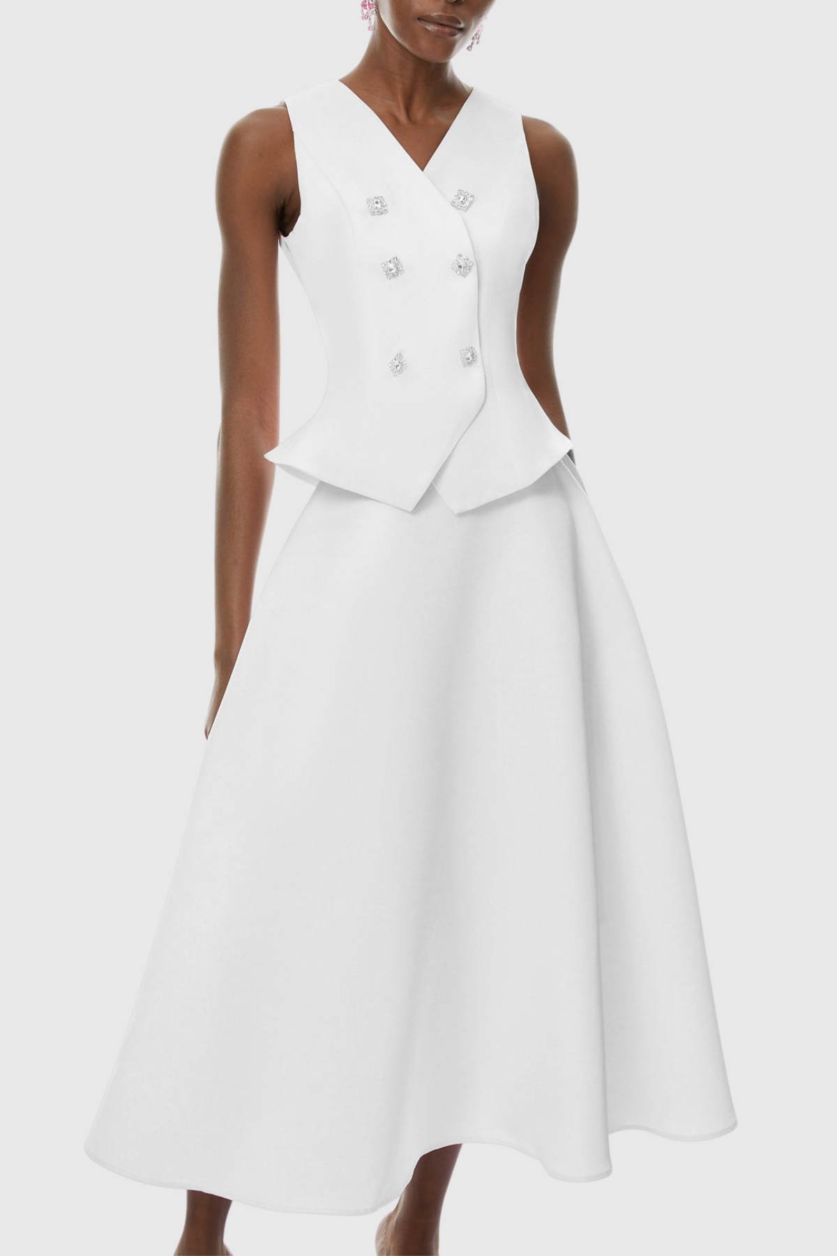 Adrien Crystal Embellished Vest & Midi Skirt Set - White