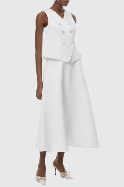 Adrien Crystal Embellished Vest & Midi Skirt Set - White