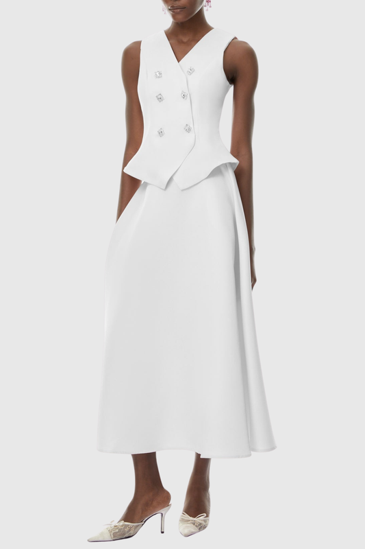 Adrien Crystal Embellished Vest & Midi Skirt Set - White