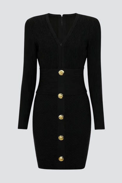 Aero Buttoned Ribbed Knit Mini Dress - Black