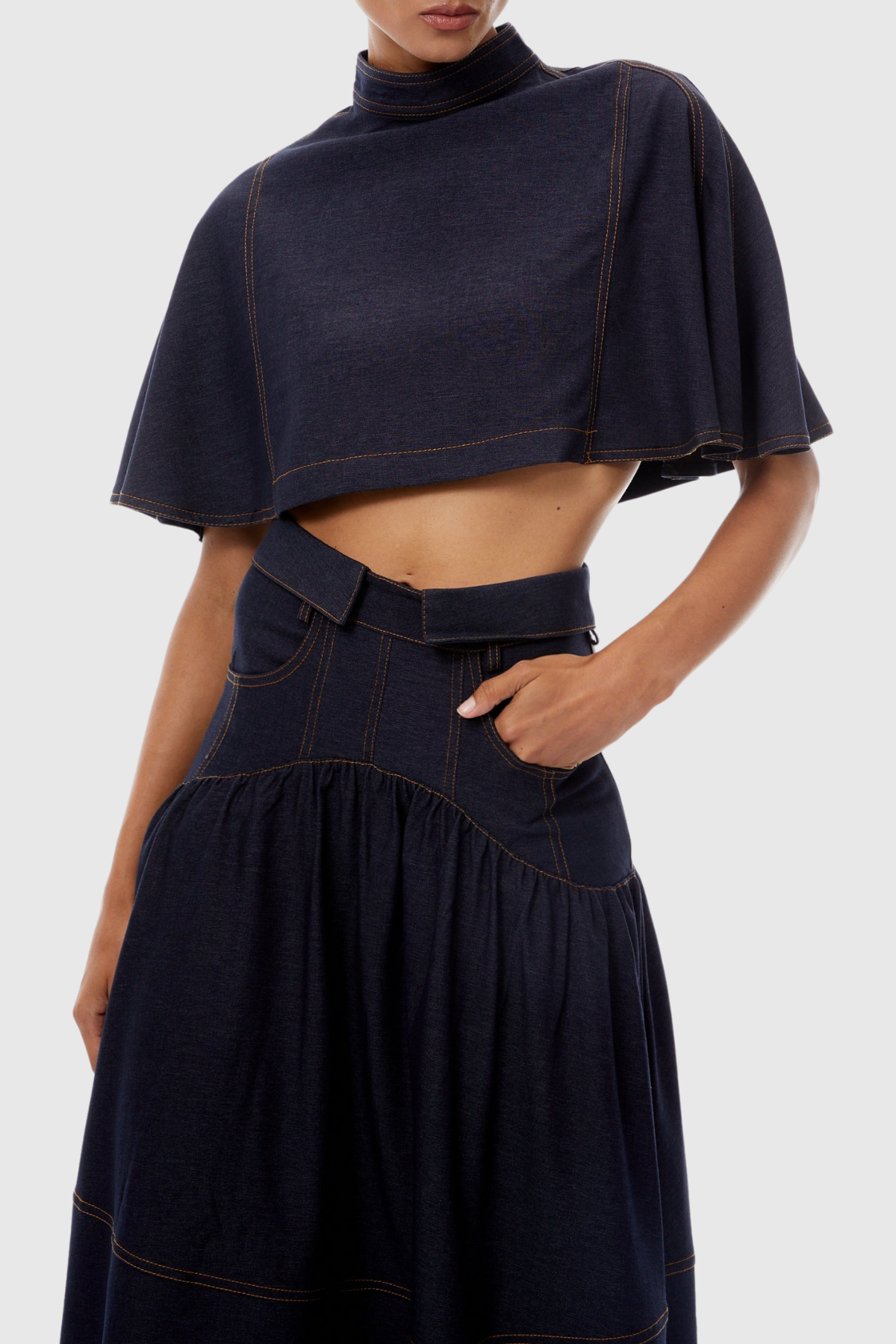 Aeven Denim Cape Top & Midi Skirt Set