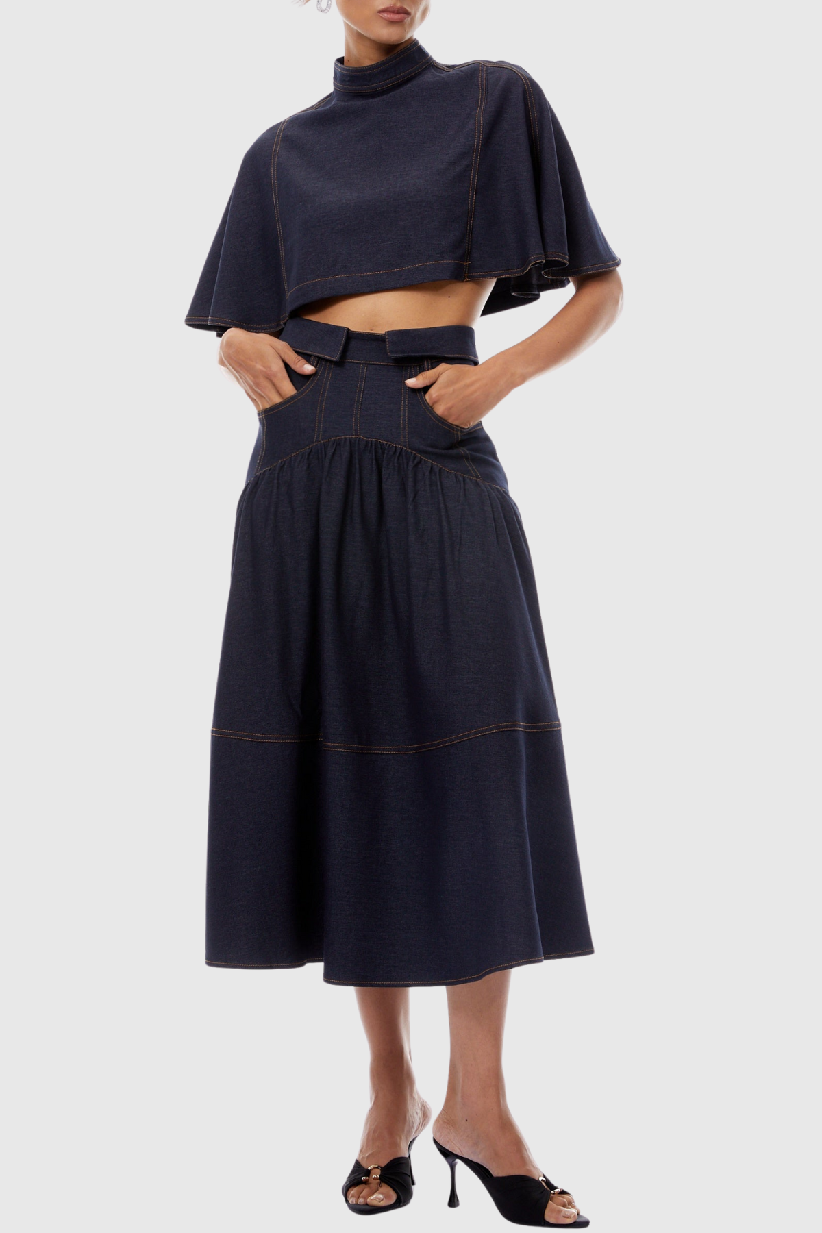 Aeven Denim Cape Top & Midi Skirt Set