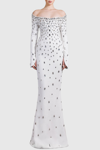 Aider Off Shoulder Crystal Embellished Maxi Dress - White