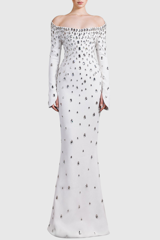 Aider Off Shoulder Crystal Embellished Maxi Dress - White