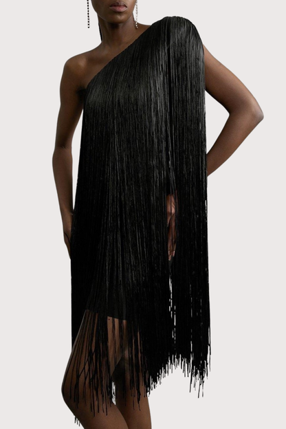 Aimee One Shoulder Fringe Mini Dress - Black