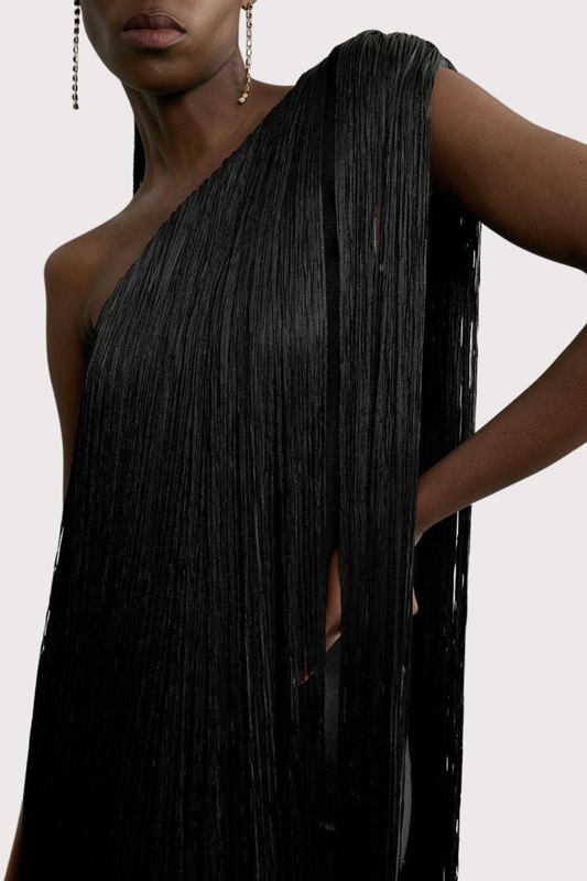 Aimee One Shoulder Fringe Mini Dress - Black
